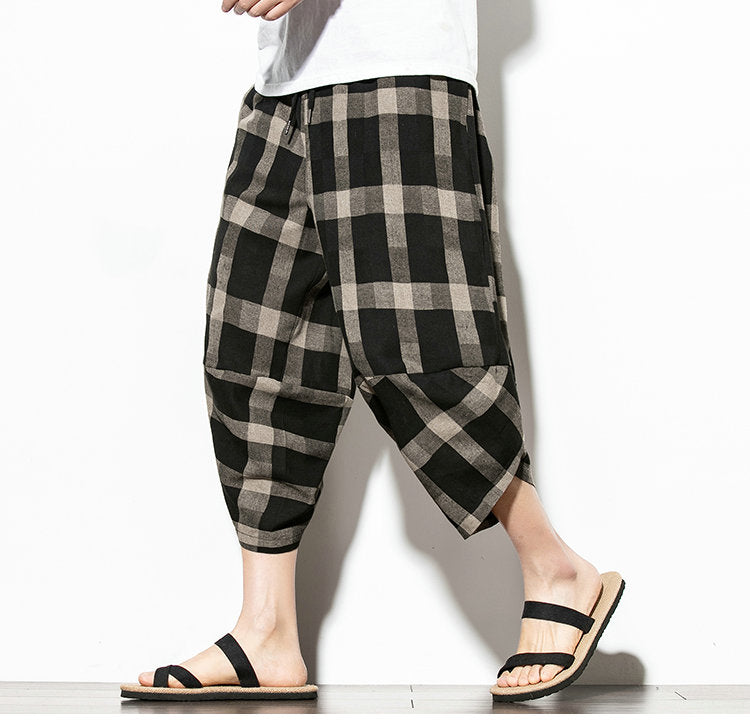 Streetwear Mens Cotton Beach Pants Male Summer Casual Calf-Length Pants Man Plaid Hip Hop Baggy Loose Trousers