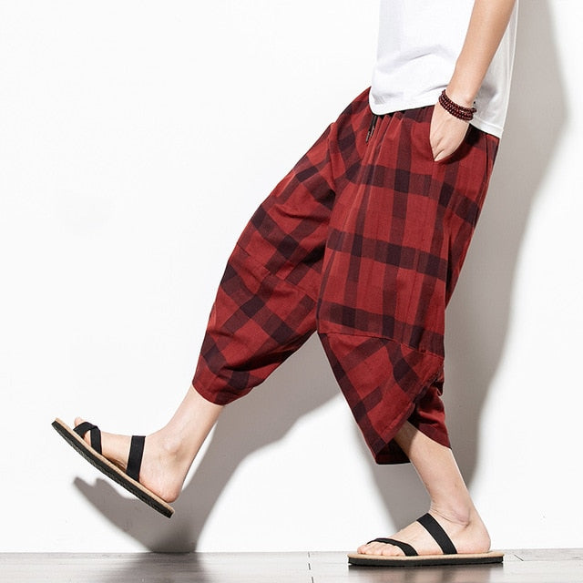 Streetwear Mens Cotton Beach Pants Male Summer Casual Calf-Length Pants Man Plaid Hip Hop Baggy Loose Trousers
